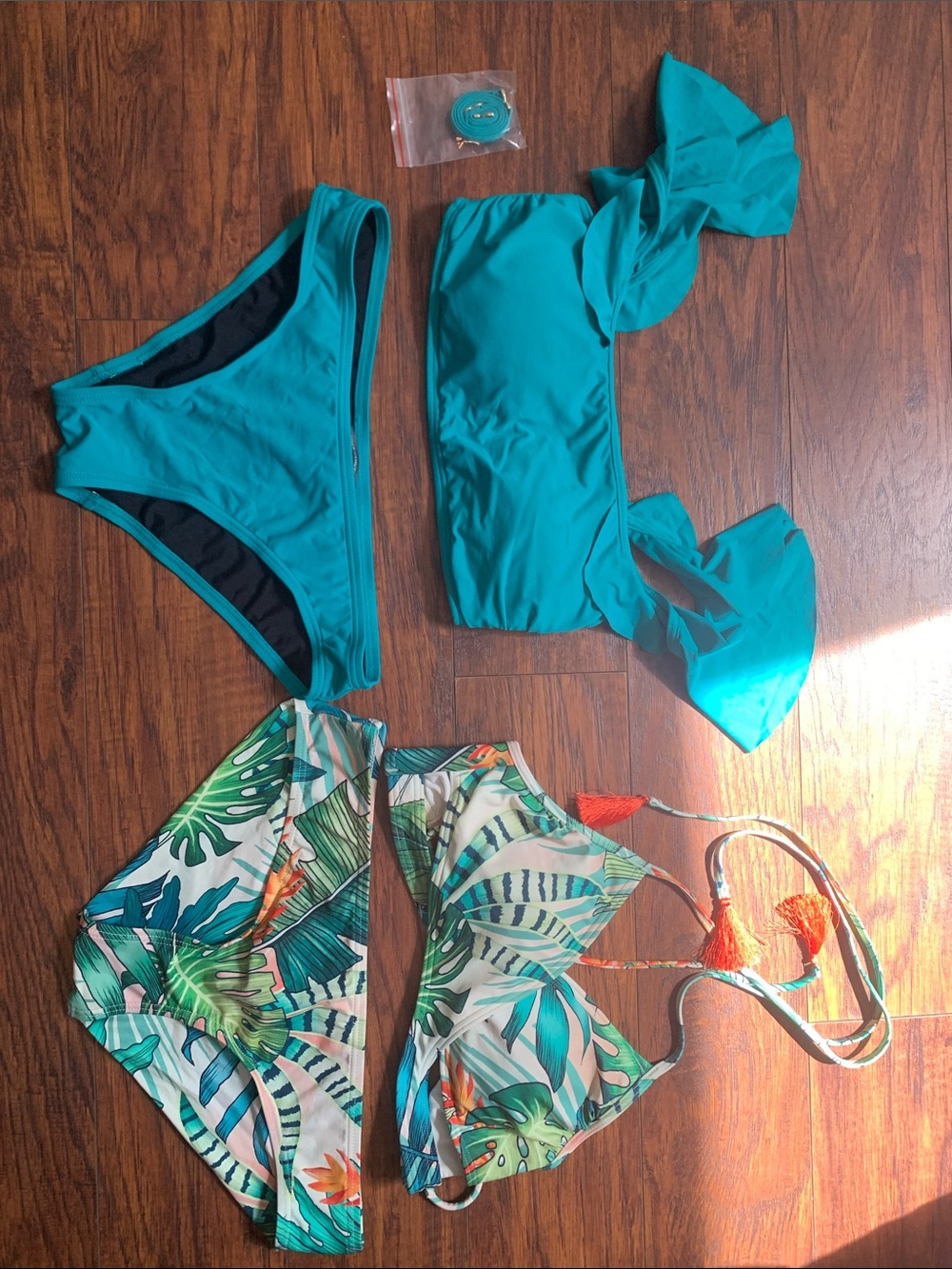 Two bikinis- Teal Bandeau Bikini Set with  Tropical wrap bikini set